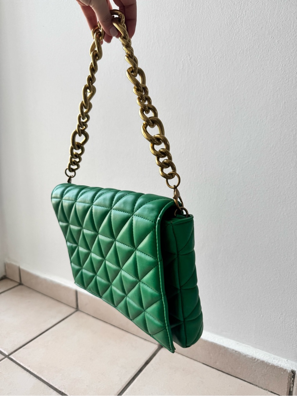Zara Quilted Emerald Green Shoulder Bag with Gold Chain